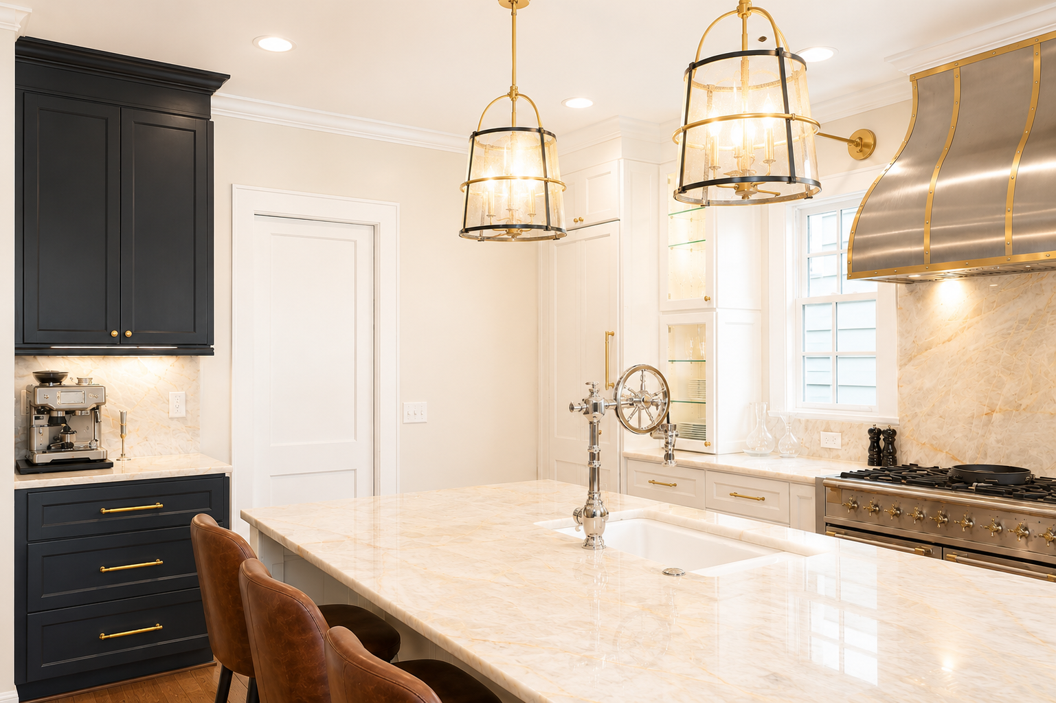 Virginia Highlands kitchen — brass range hood and quartzite backsplash
